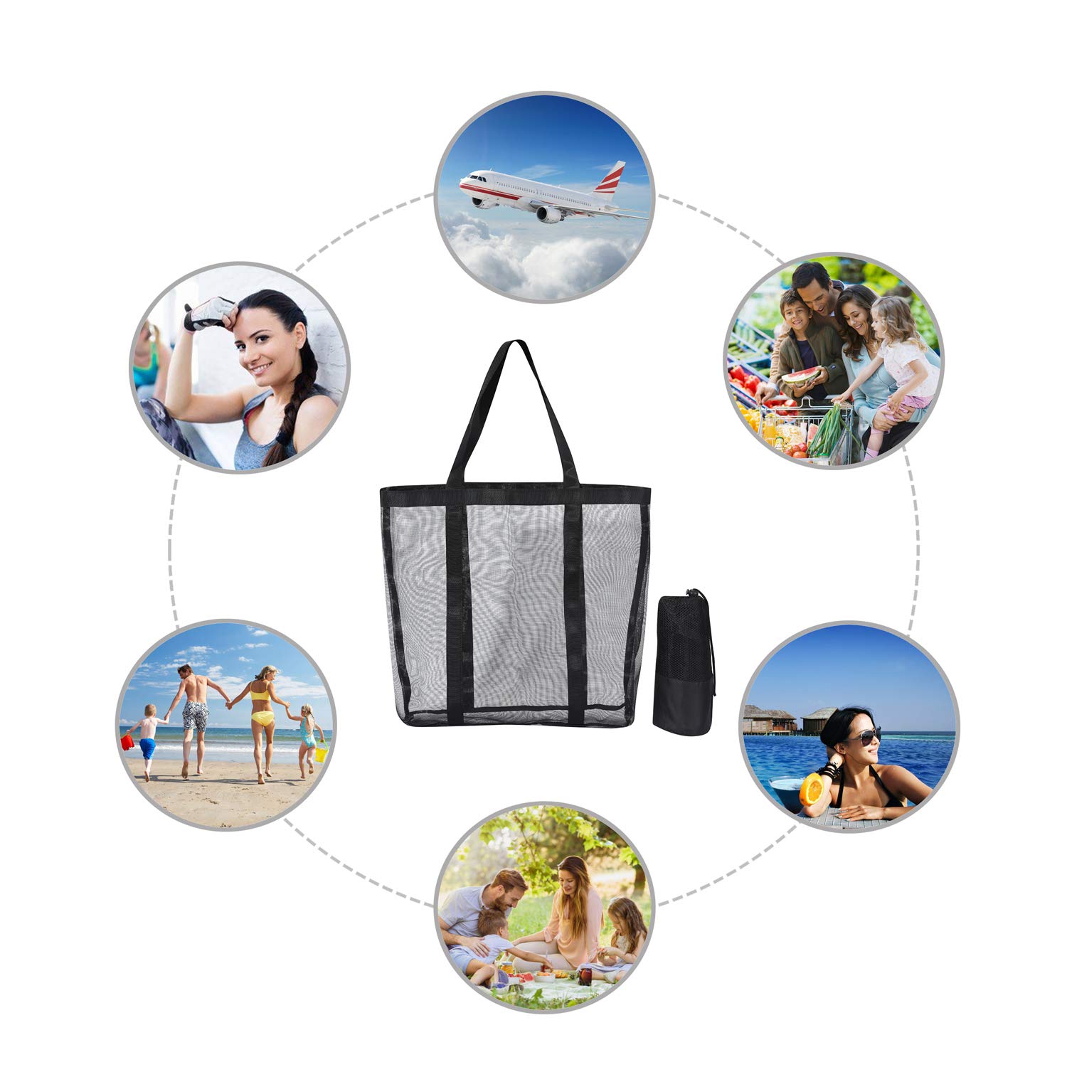 Hawkko Mesh Beach Bag - Durable Tote Bag- Simply lightweight for Shopping Groceries Sports Gym Swimming Pool Travel Tote Bag