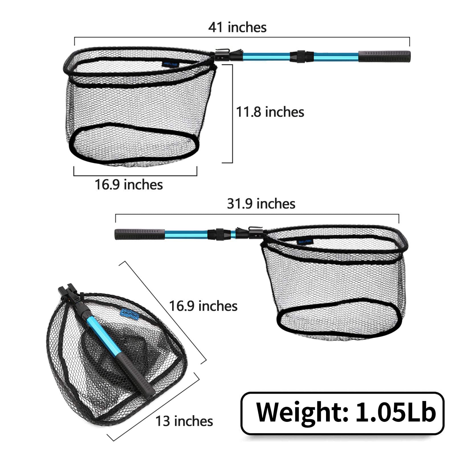 Hawkko Fishing Net Collapsible Telescopic Pole Fishing Net - Folding Extend Rubber Coated Freshwater Saltwater Landing Net for Trout Bass Steelhead Salmon