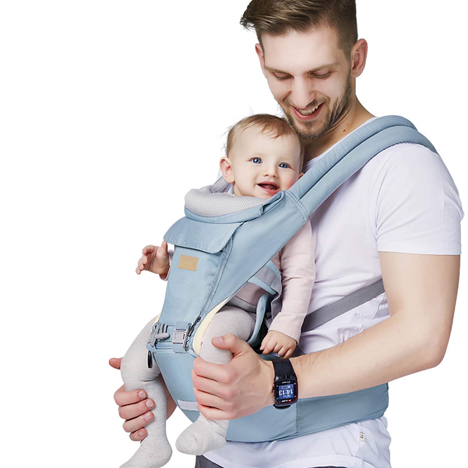 Hawkko 6-in-1 Baby Carrier with Waist Stool/Hip Seat for Breastfeeding, One Size Fits All - Adapt to Newborn, Infant & Toddler (Blue)