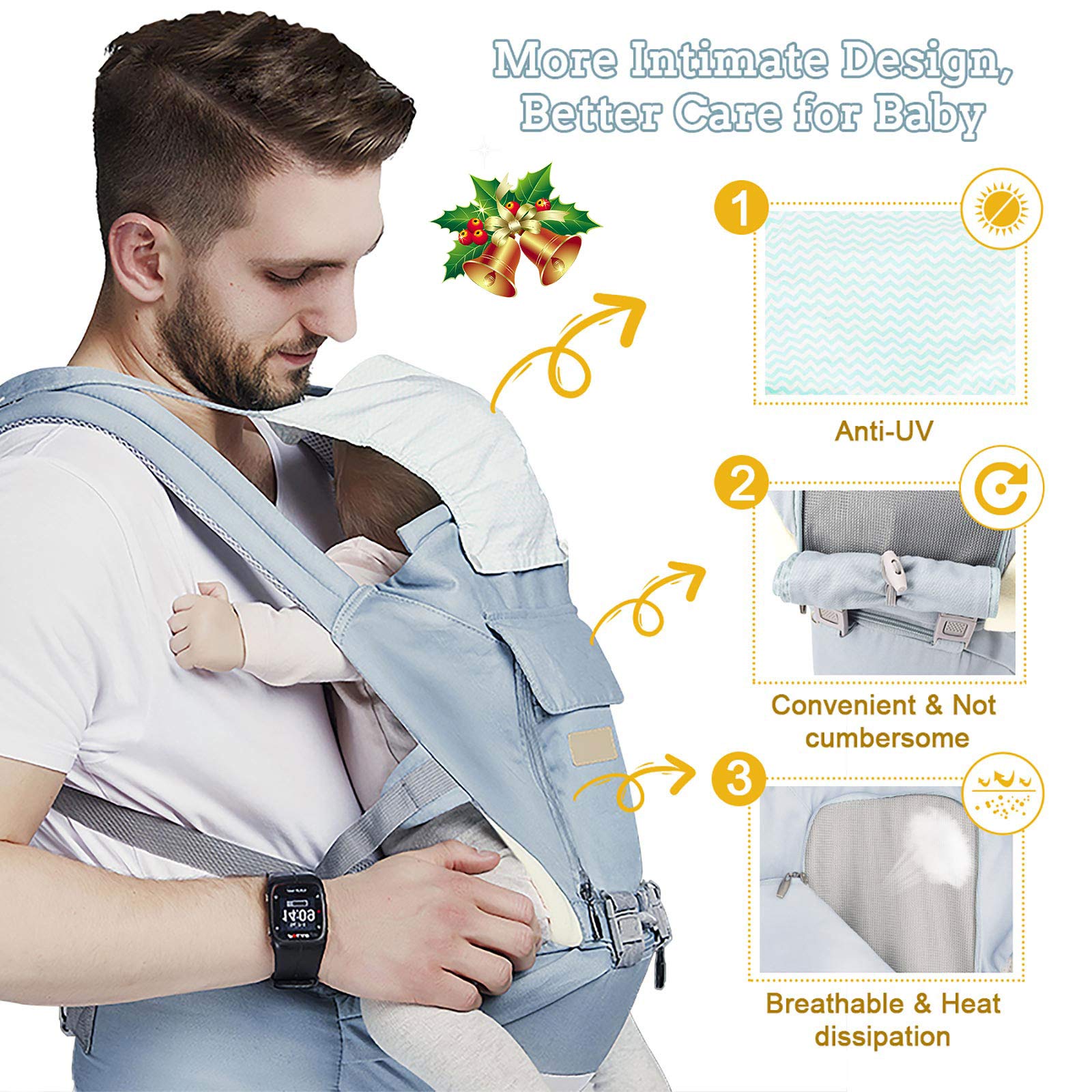 Hawkko 6-in-1 Baby Carrier with Waist Stool/Hip Seat for Breastfeeding, One Size Fits All - Adapt to Newborn, Infant & Toddler (Blue)