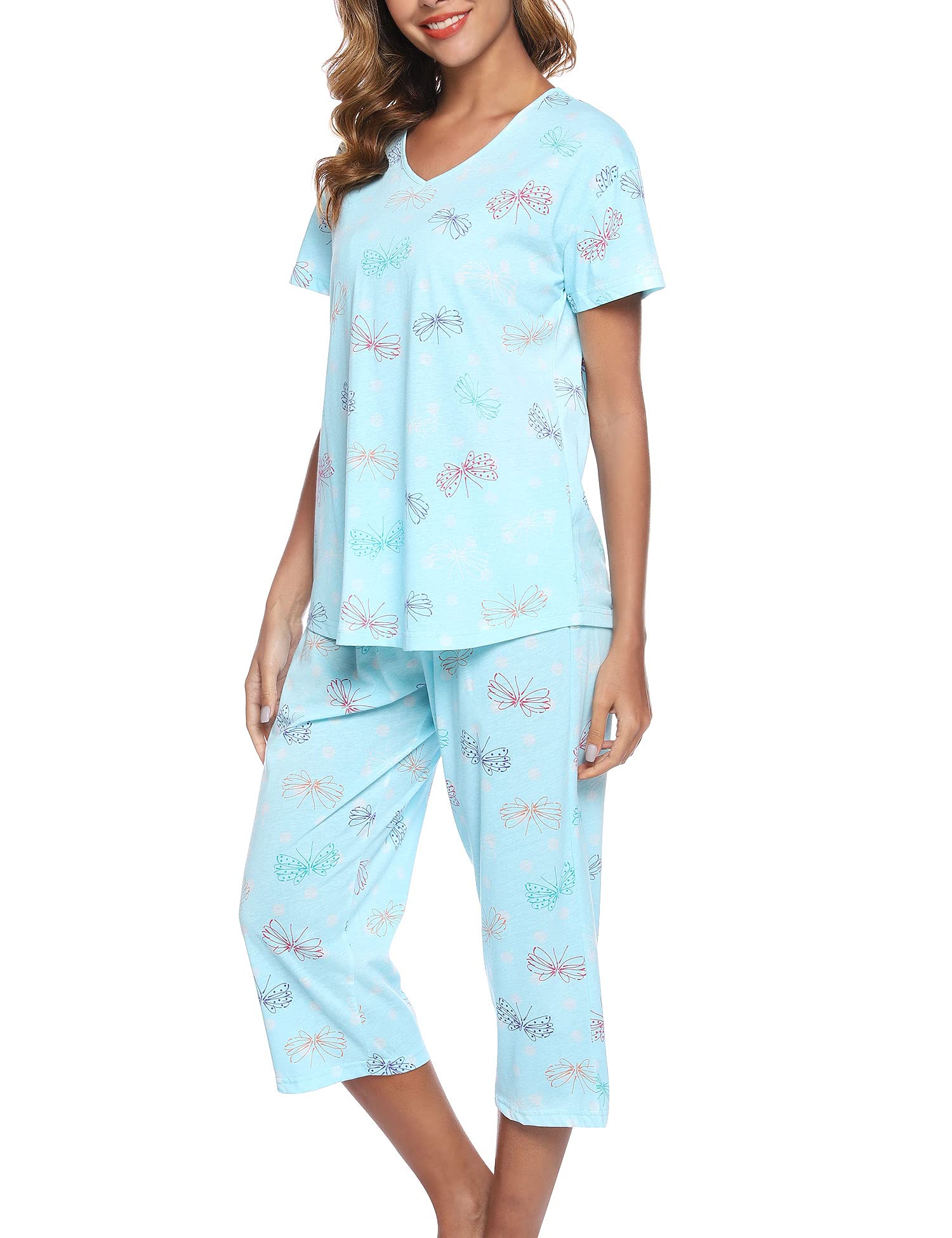 Hawkko Women's Sleepwear Tops with Capri Pants Pajama Sets Cotton Pj Set Loungewear