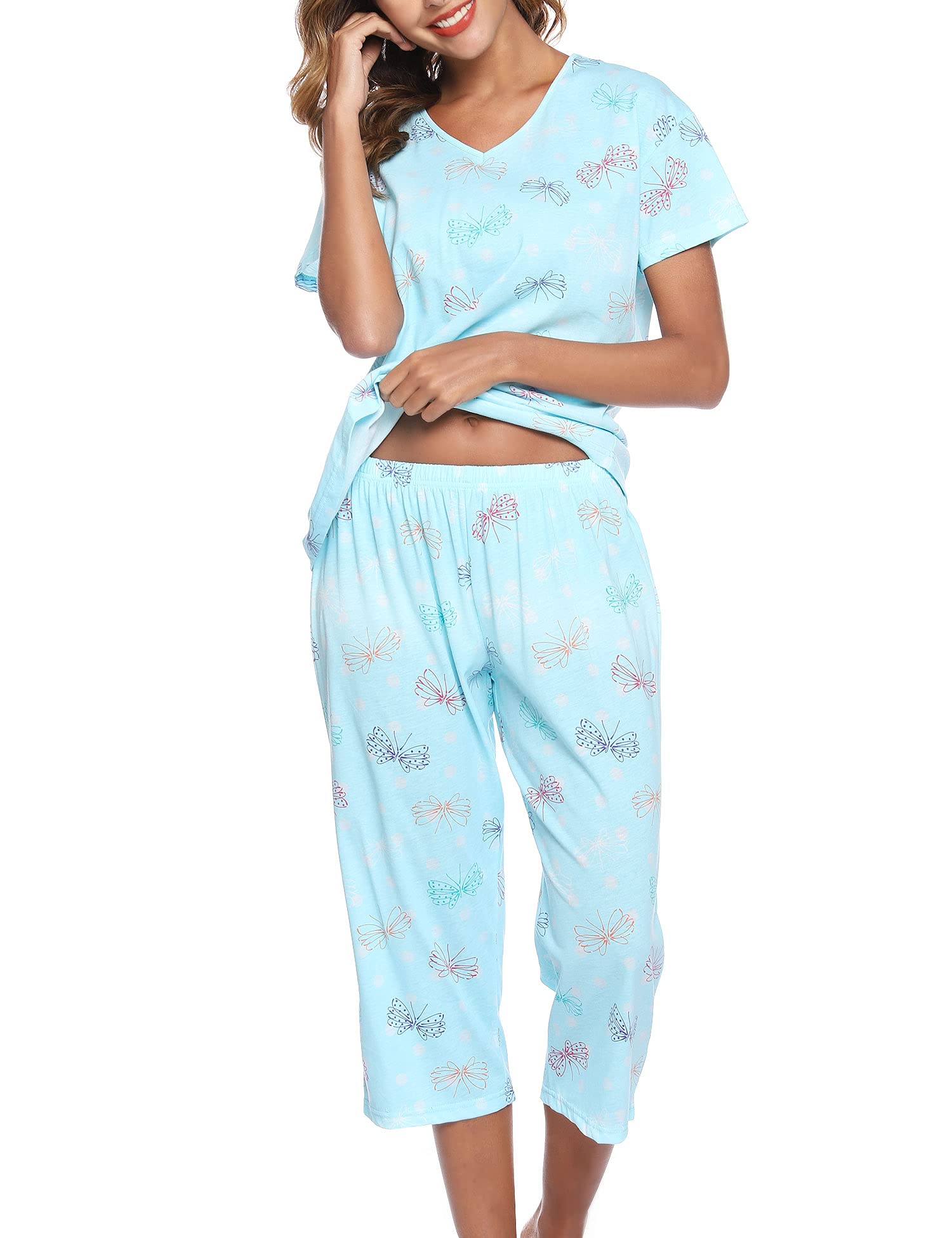 Hawkko Women's Sleepwear Tops with Capri Pants Pajama Sets Cotton Pj Set Loungewear