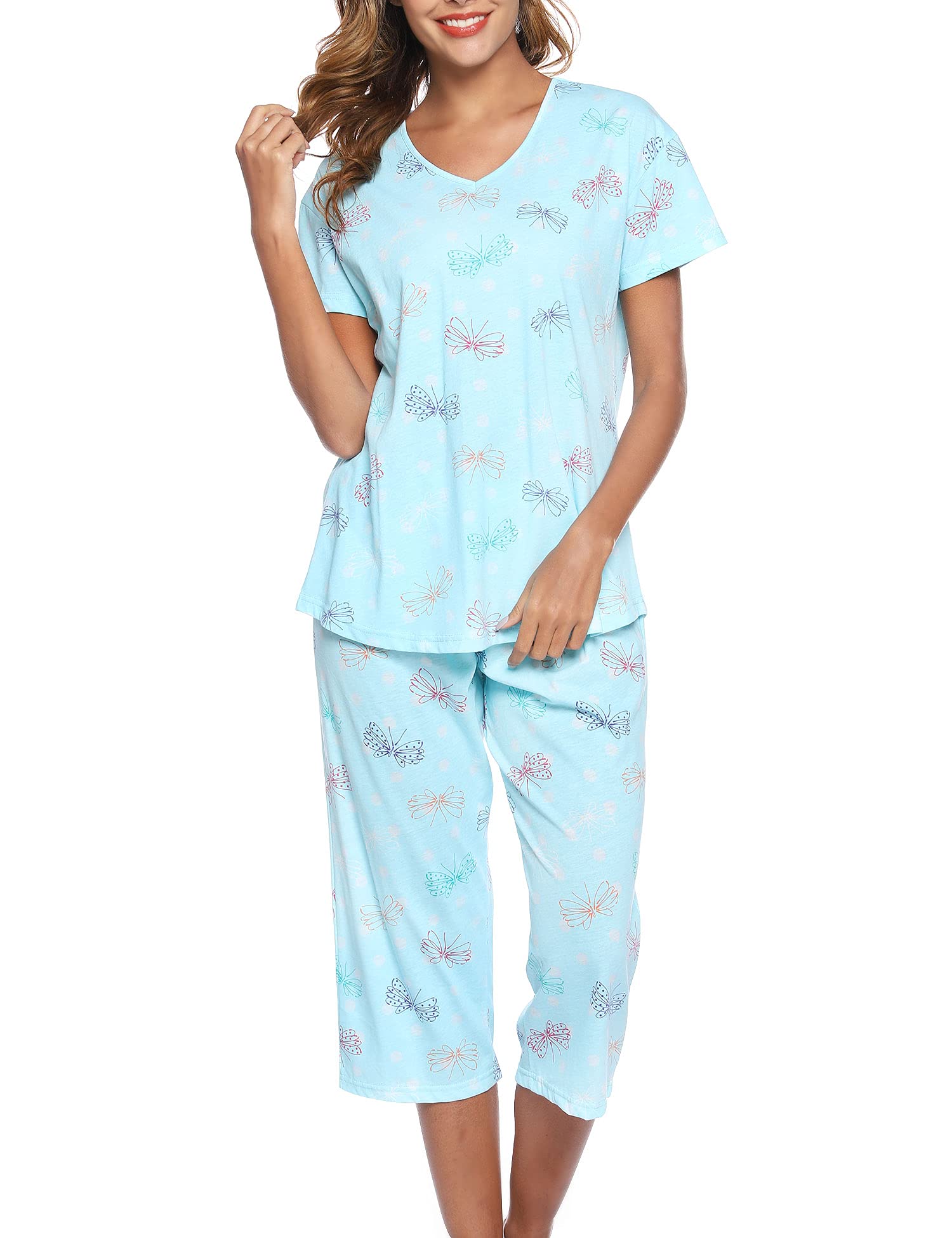 Hawkko Women's Sleepwear Tops with Capri Pants Pajama Sets Cotton Pj Set Loungewear