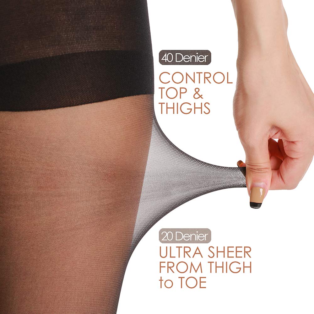 Hawkko 3 Pairs Women's Sheer Tights - 20D Control Top Pantyhose with Reinforced Toes