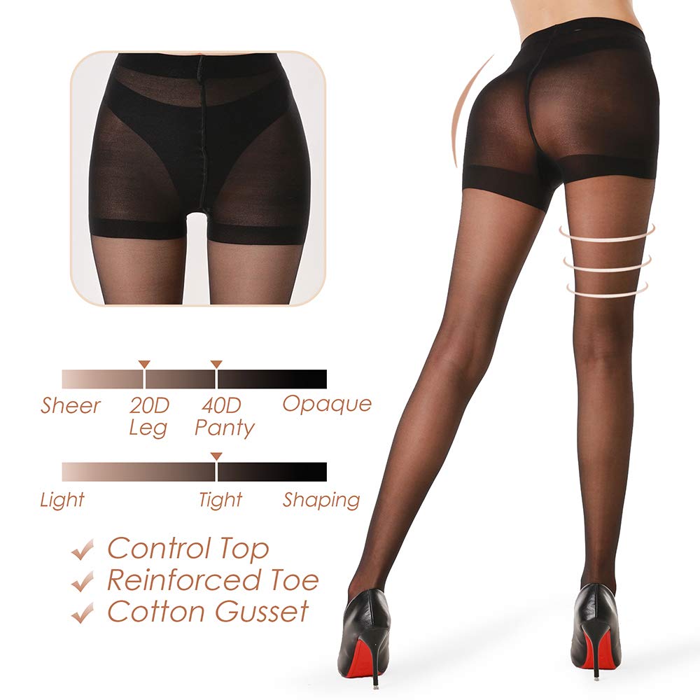 Hawkko 3 Pairs Women's Sheer Tights - 20D Control Top Pantyhose with Reinforced Toes