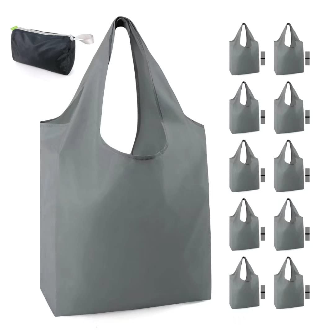 Hawkko Grey Reusable Shopping Bags for Groceries 10 Pack Reusable Grocery Bags Washable Foldable 50LBS folding with Zipper Carry Pouch Tote Gift Bags Durable Lightweight Polyester