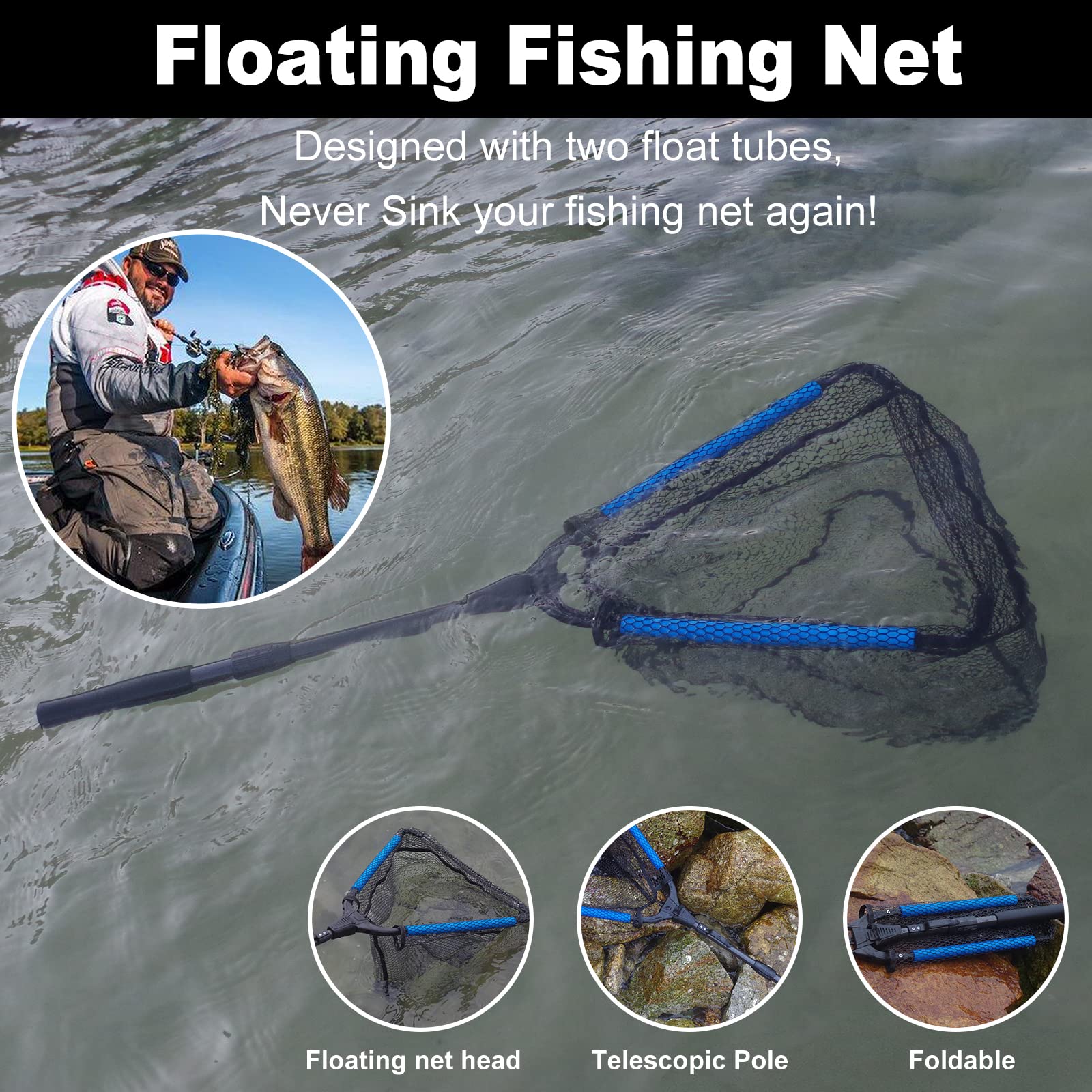 Hawkko Fishing Net Fish Landing Net, Foldable Collapsible Telescopic Pole Handle, Durable Nylon Material Mesh, Safe Fish Catching or Releasing