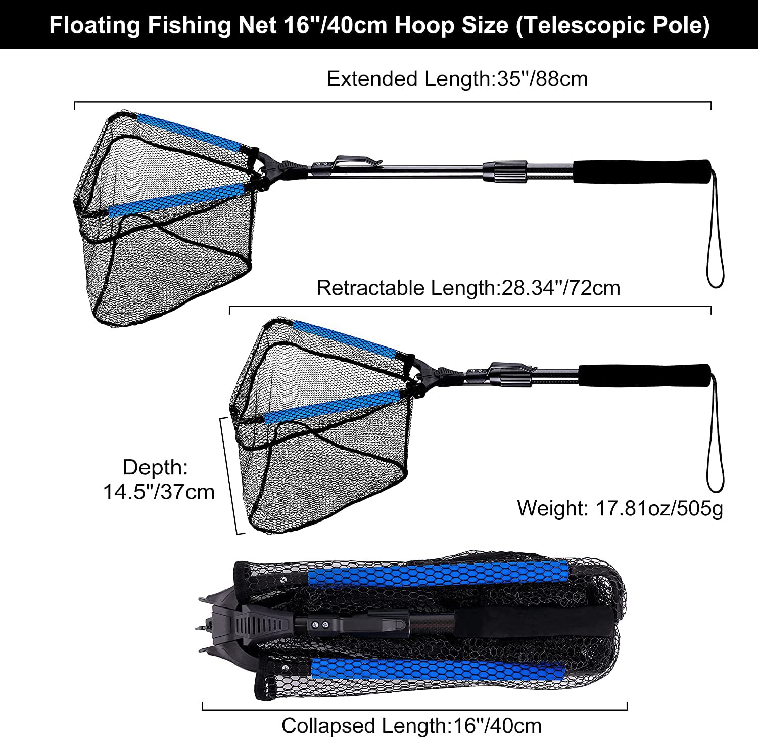 Hawkko Fishing Net Fish Landing Net, Foldable Collapsible Telescopic Pole Handle, Durable Nylon Material Mesh, Safe Fish Catching or Releasing