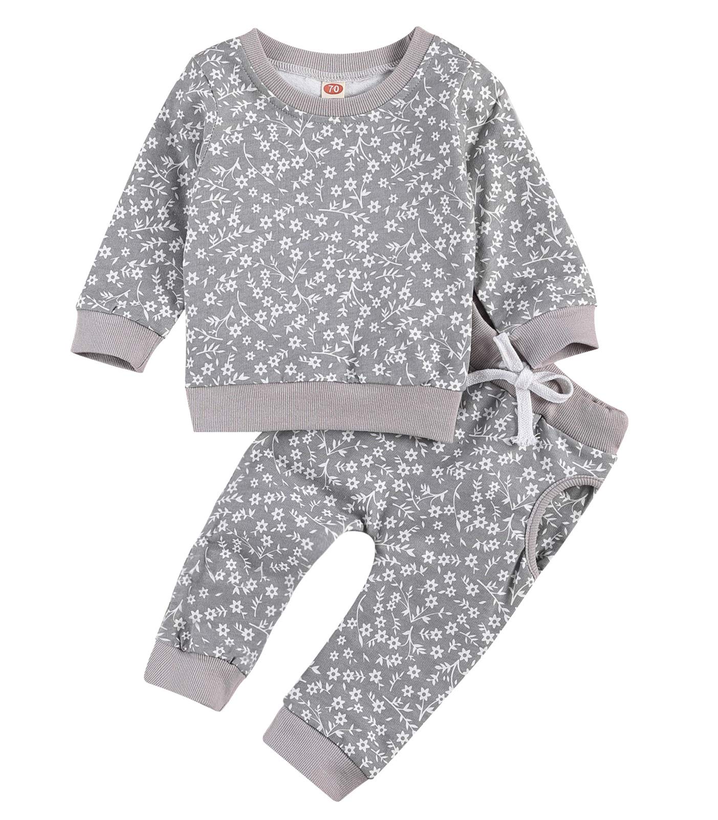 Hawkko Newborn Infant Baby Girl Clothes Set Long Sleeve Sweatshirts Tops Pants Outfits Clothing Gifts 3 6 9 12 18 24 Months X-grey