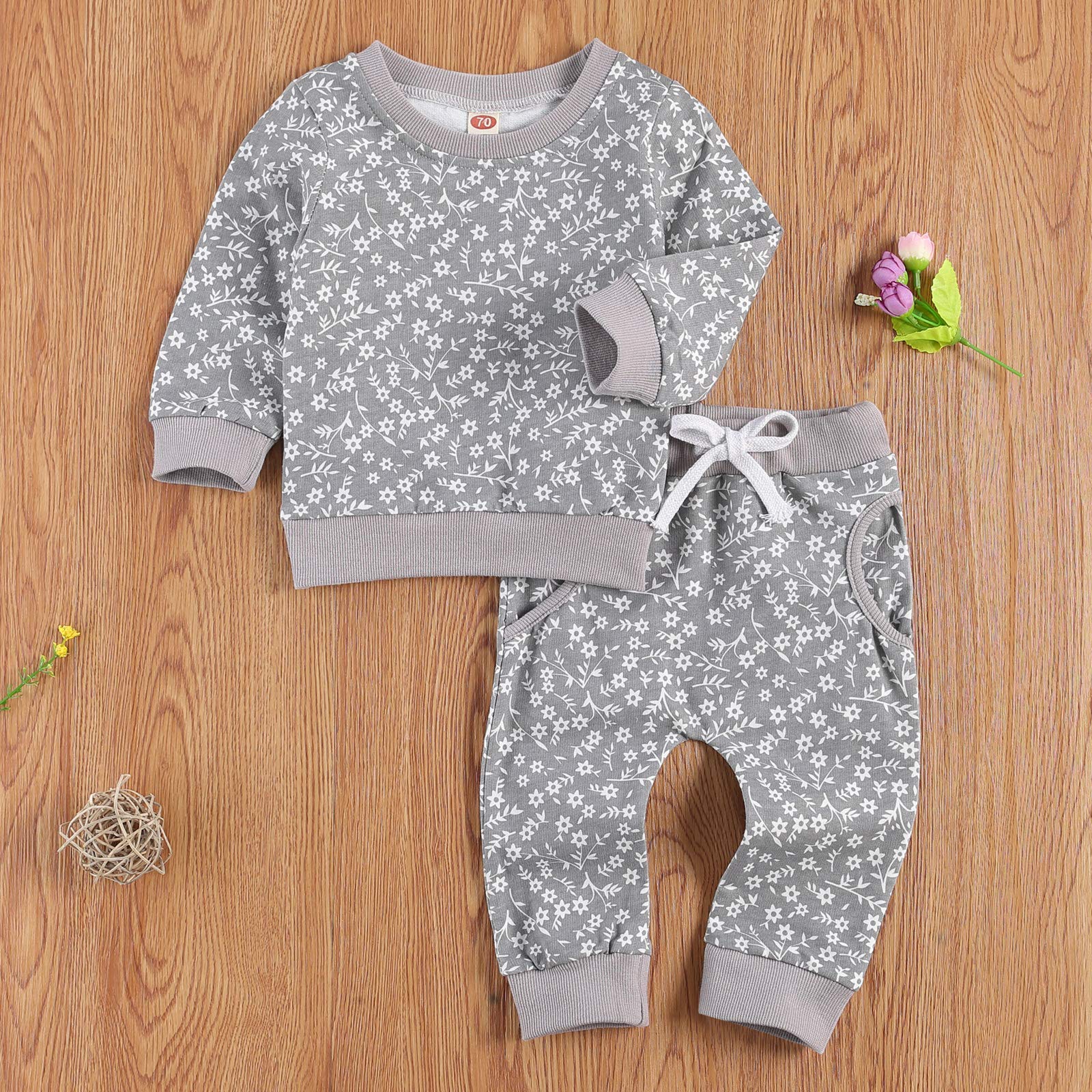 Hawkko Newborn Infant Baby Girl Clothes Set Long Sleeve Sweatshirts Tops Pants Outfits Clothing Gifts 3 6 9 12 18 24 Months X-grey