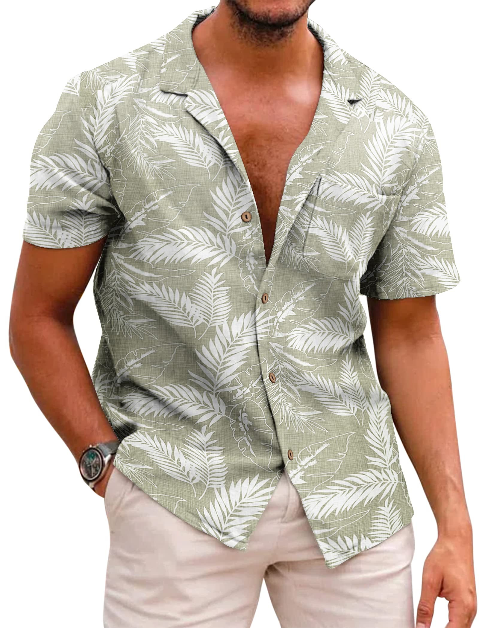 Hawkko Men's Hawaiian Floral Cotton Linen Button Down Tropical Holiday Beach Shirts A- Light Brown