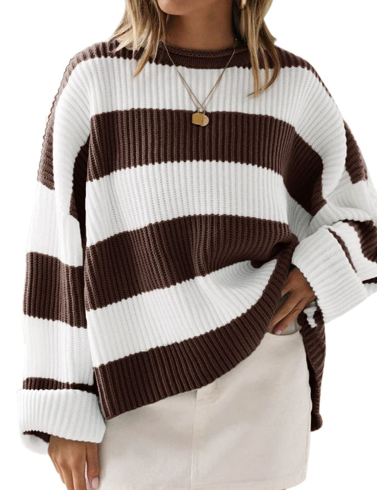 Hawkko Women's Long Sleeve Crew Neck Striped Color Block Comfy Loose Oversized Knitted Pullover Sweater Coffee