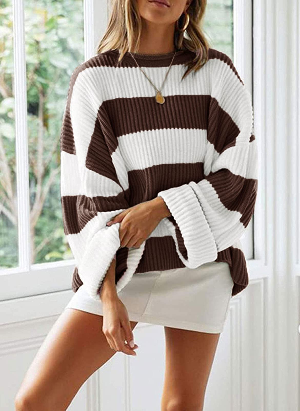 Hawkko Women's Long Sleeve Crew Neck Striped Color Block Comfy Loose Oversized Knitted Pullover Sweater Coffee