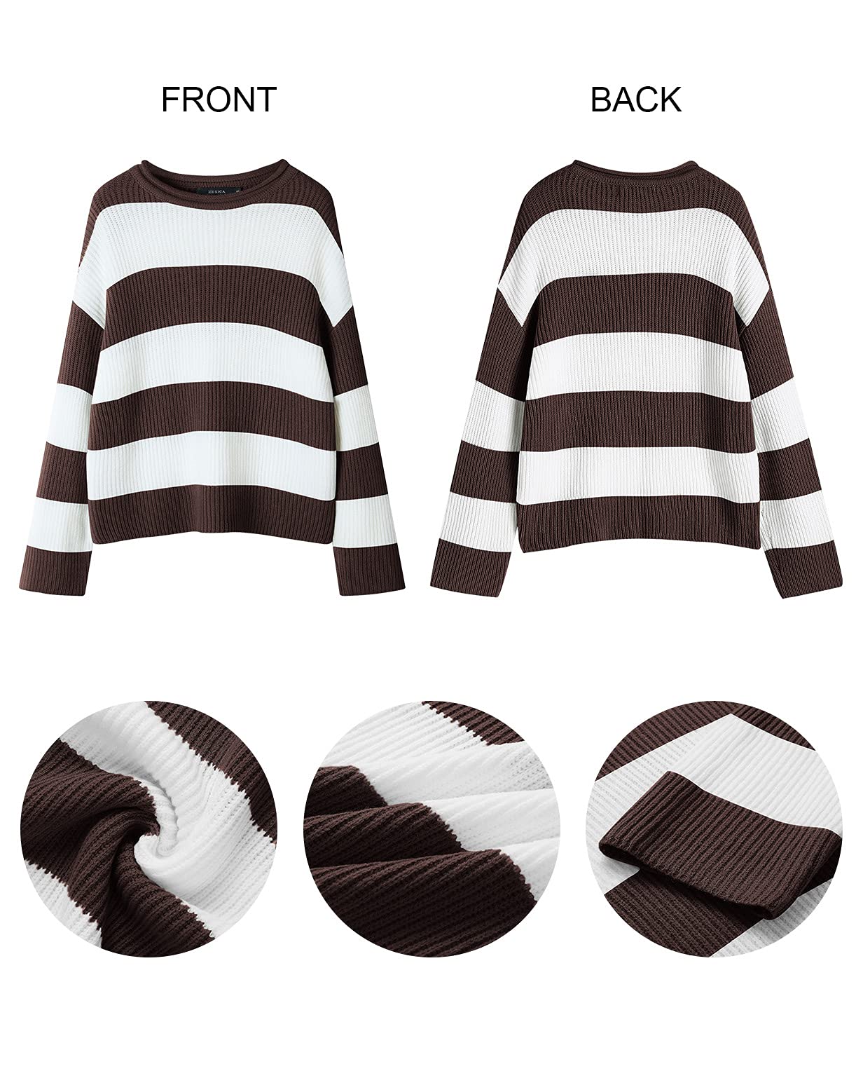 Hawkko Women's Long Sleeve Crew Neck Striped Color Block Comfy Loose Oversized Knitted Pullover Sweater Coffee