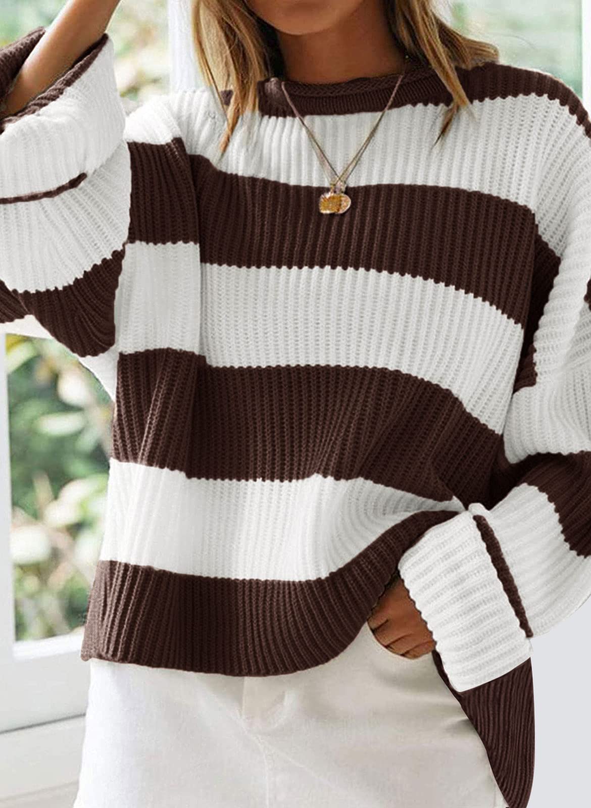 Hawkko Women's Long Sleeve Crew Neck Striped Color Block Comfy Loose Oversized Knitted Pullover Sweater Coffee