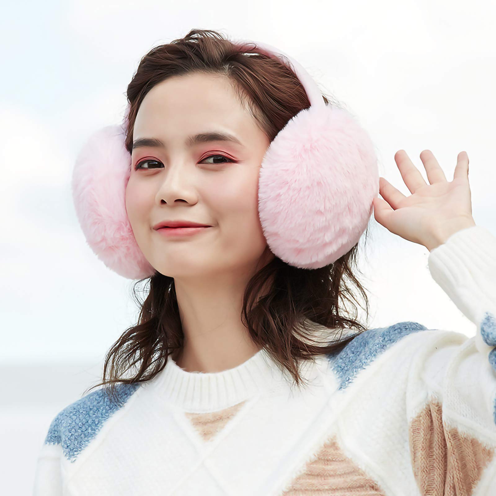 Hawkko Winter Ear muffs Faux Fur Warm Earmuffs Cute Foldable Outdoor Ear Warmers For Women Girls Pink