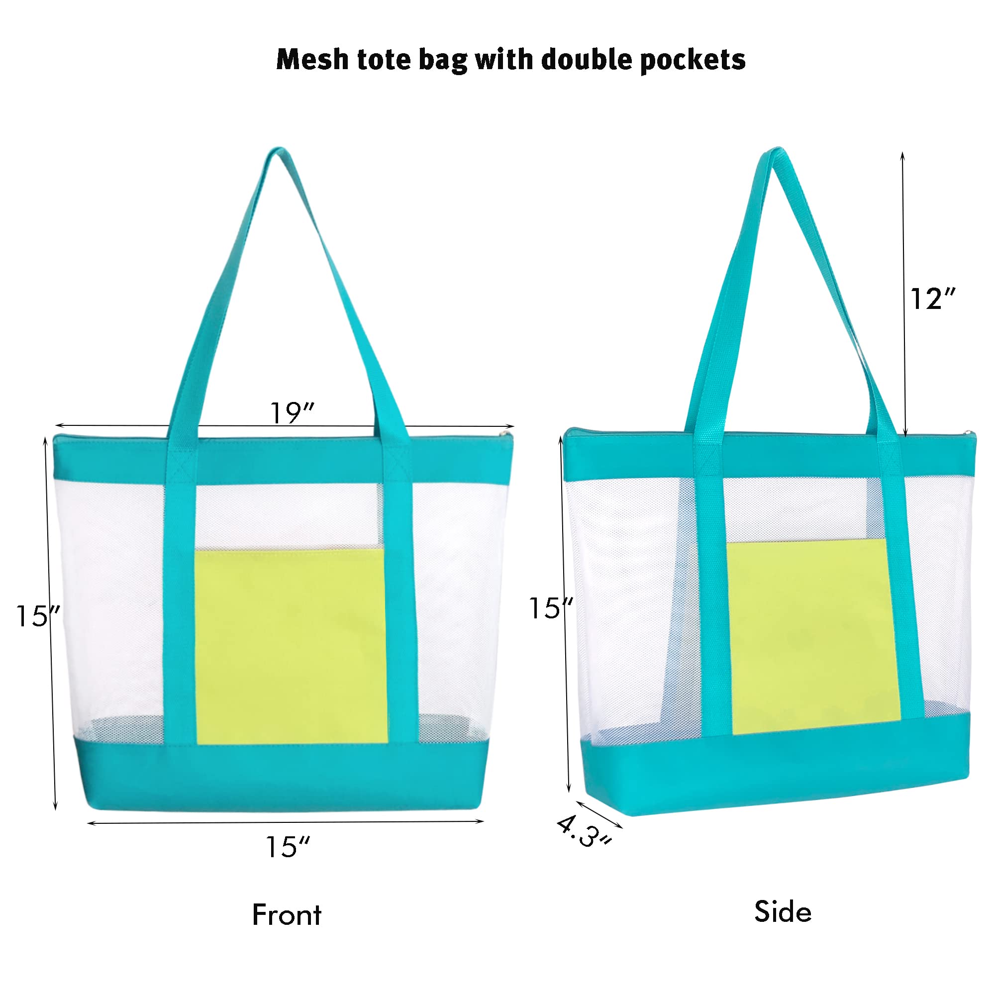 Hawkko 2Pack Lightweight Mesh Tote Bag,Sandproof Beach Bags with Zipper &Double Pocket For Groceries,Poolside,Travel,Towels