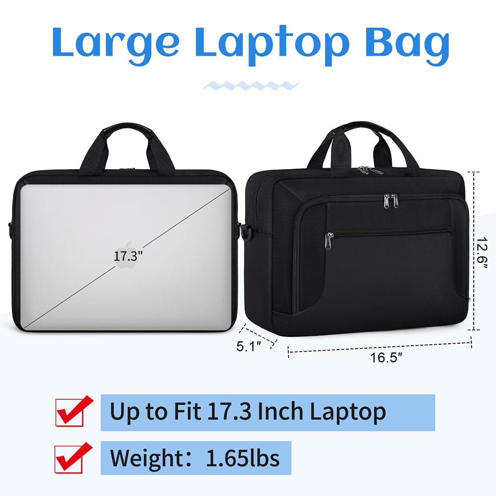 Hawkko Laptop Bag 17.3 Inch Laptop Briefcase Large Waterproof Laptop Case for Men Women Business Office Work Computer Bag 17 Inch Adjustable Shoulder Messenger Bag, Black