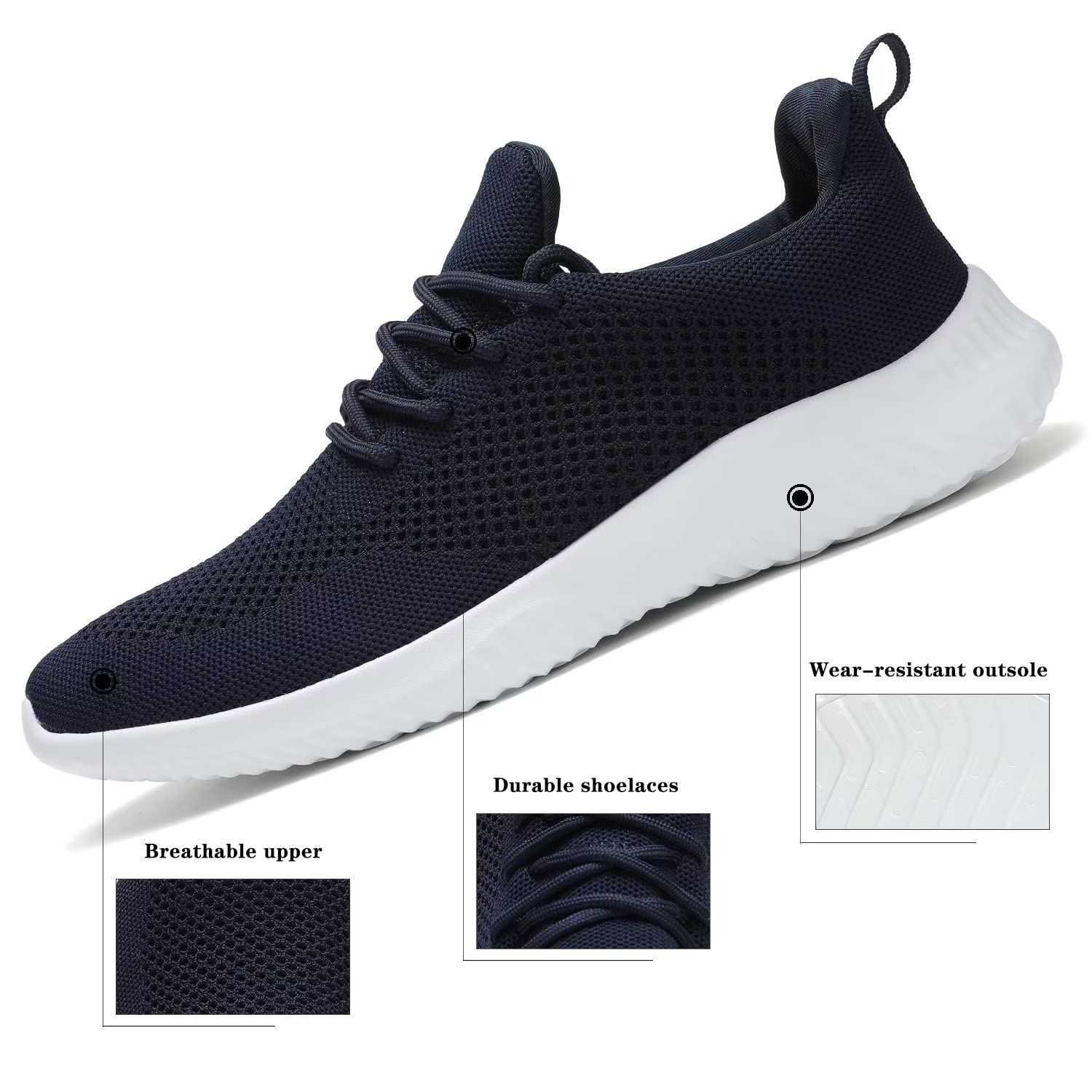 Hawkko Mens Slip-on Tennis Shoes Walking Running Sneakers Lightweight Breathable Casual Soft Sole Mesh Work Gym Trainers Navy Blue