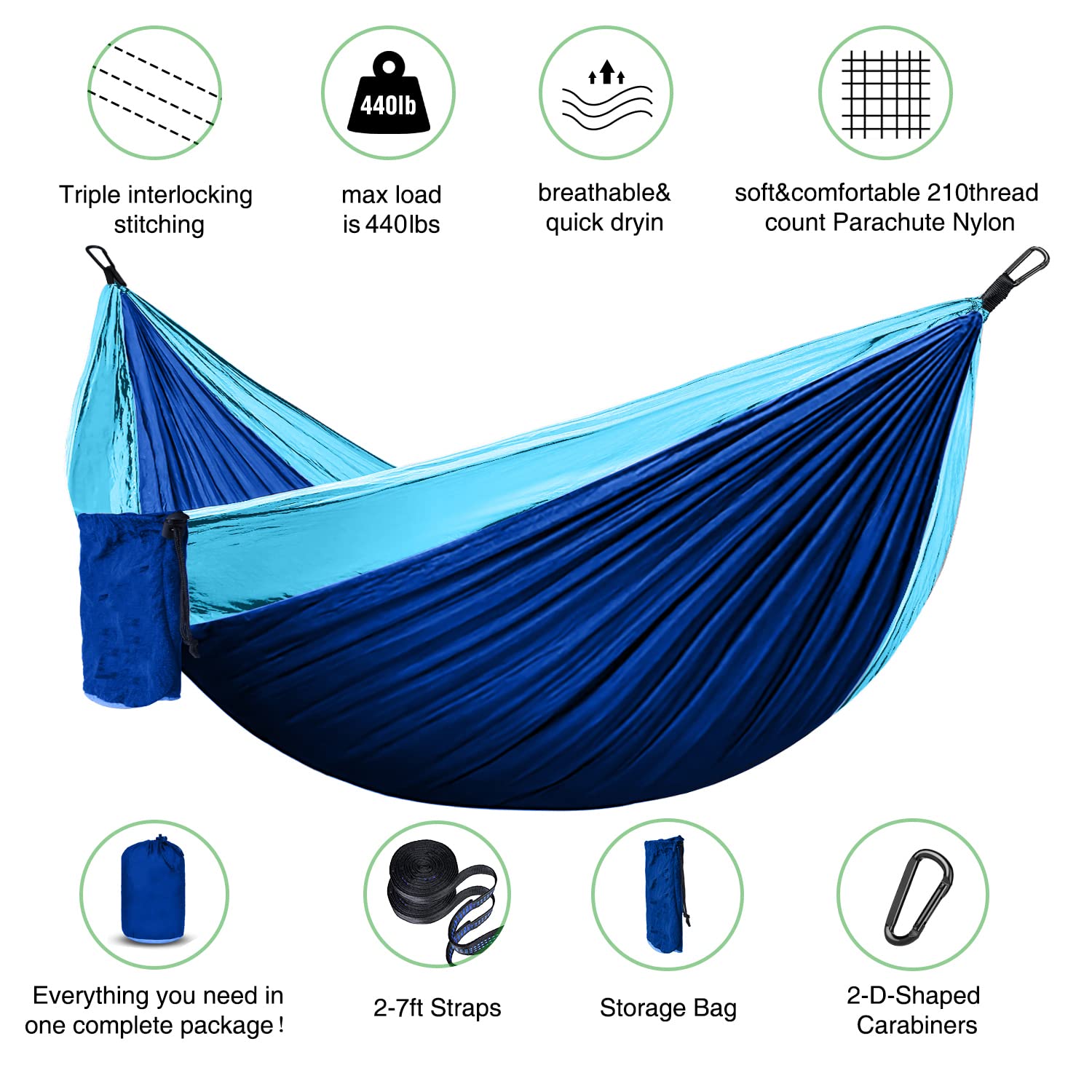 Hawkko Hammock Camping, Portable Single/Double Hammocks for Outdoor Hiking Travel Backpacking - 210D Nylon Hammock Swing for Backyard & Garden (Blue/Sky Blue)