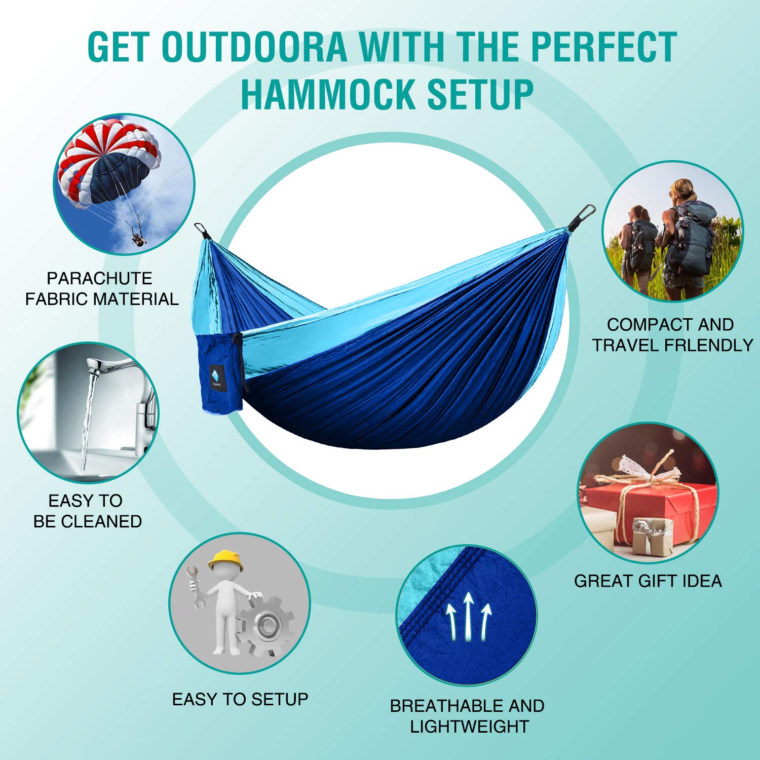 Hawkko Hammock Camping, Portable Single/Double Hammocks for Outdoor Hiking Travel Backpacking - 210D Nylon Hammock Swing for Backyard & Garden (Blue/Sky Blue)