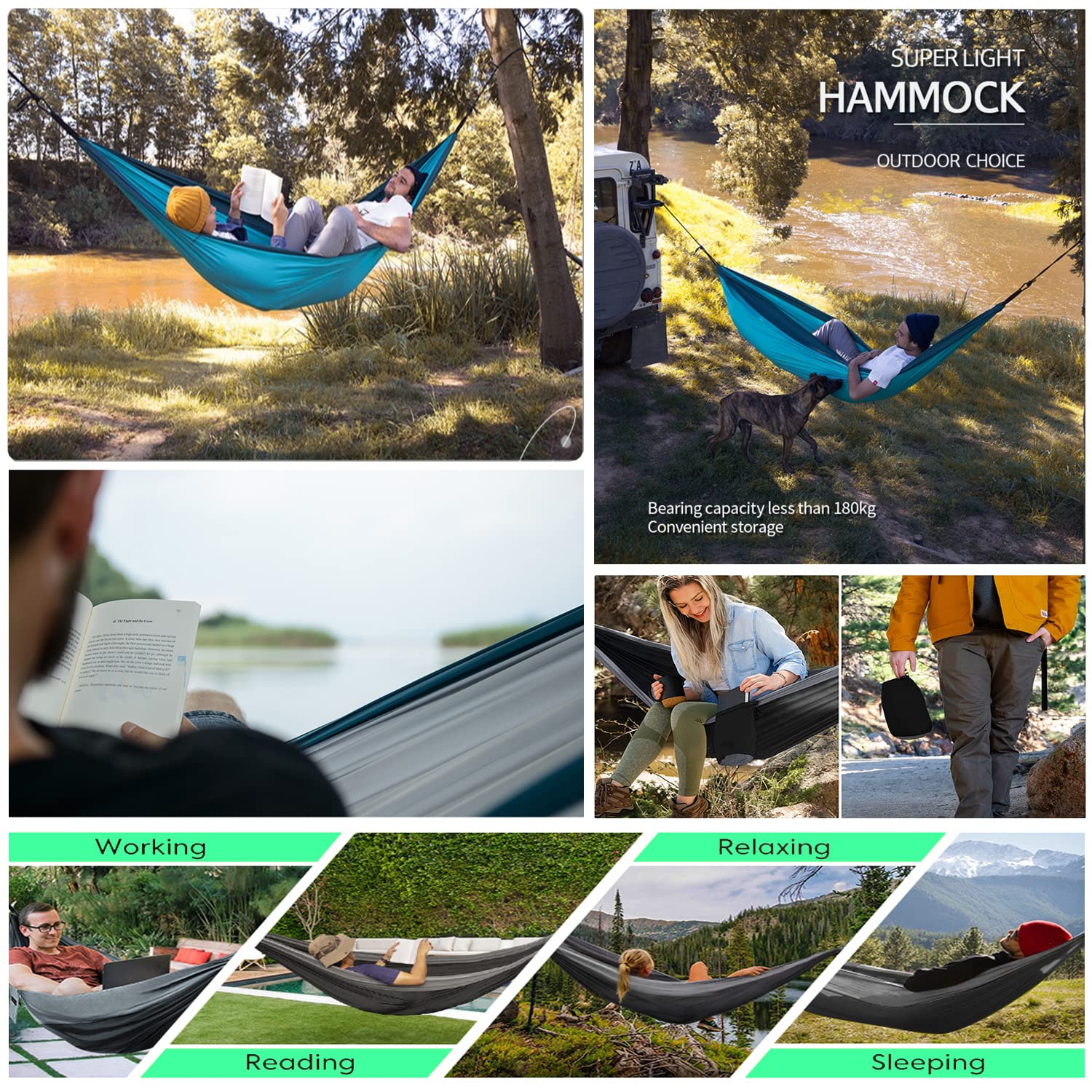 Hawkko Hammock Camping, Portable Single/Double Hammocks for Outdoor Hiking Travel Backpacking - 210D Nylon Hammock Swing for Backyard & Garden (Blue/Sky Blue)