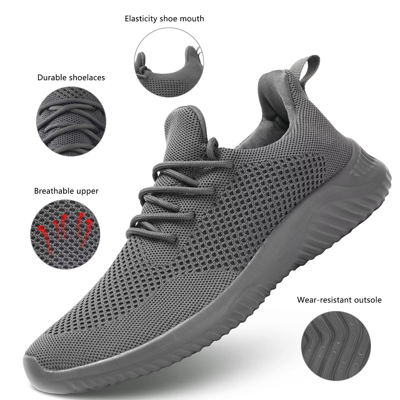 Hawkko Mens Slip-on Tennis Shoes Walking Running Sneakers Lightweight Breathable Casual Soft Sole Mesh Work Gym Trainers All Grey