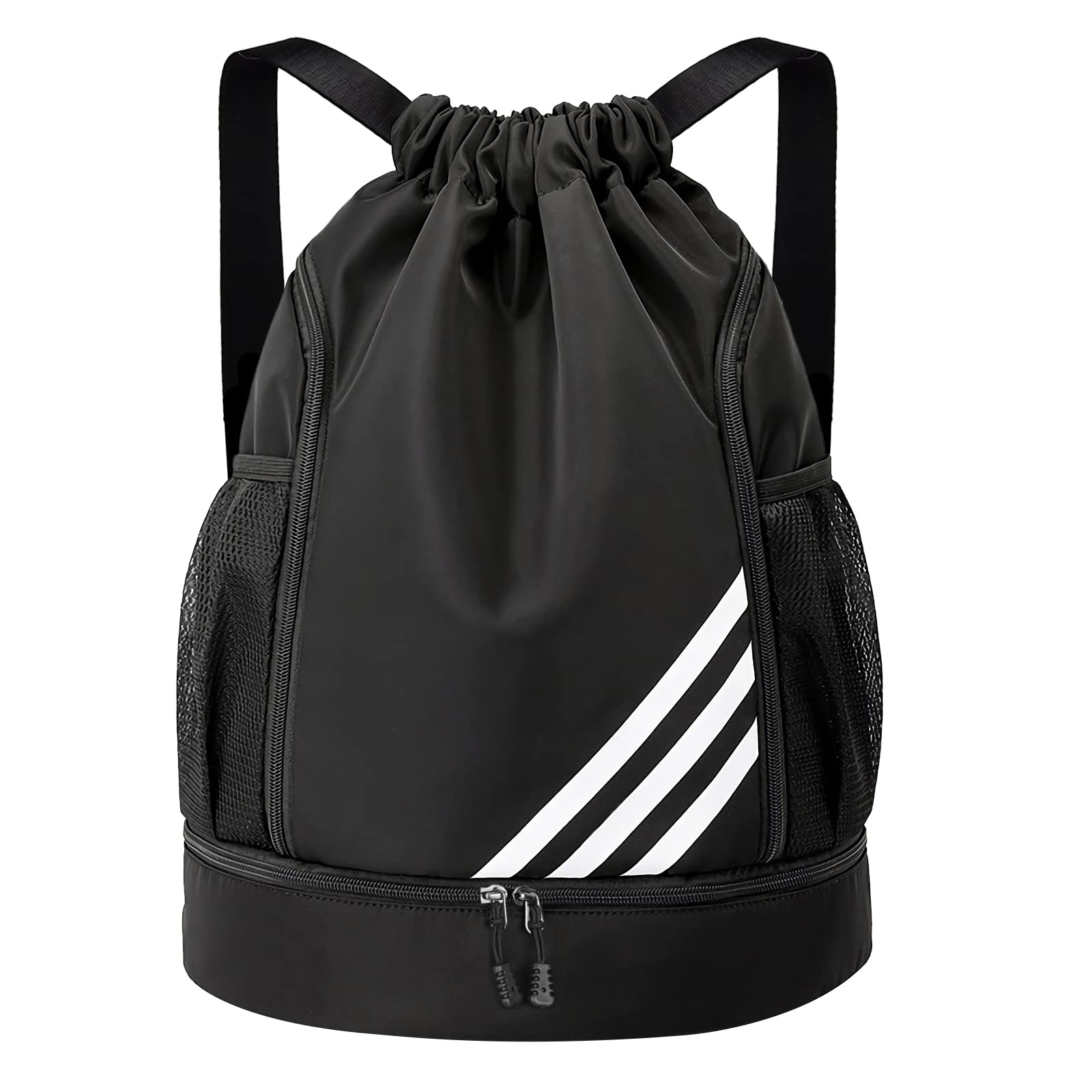 Hawkko Drawstring Backpack Water Resistant String Bag Gym Sports with Shoe Compartment Side Mesh Pockets for Women Men (Black)