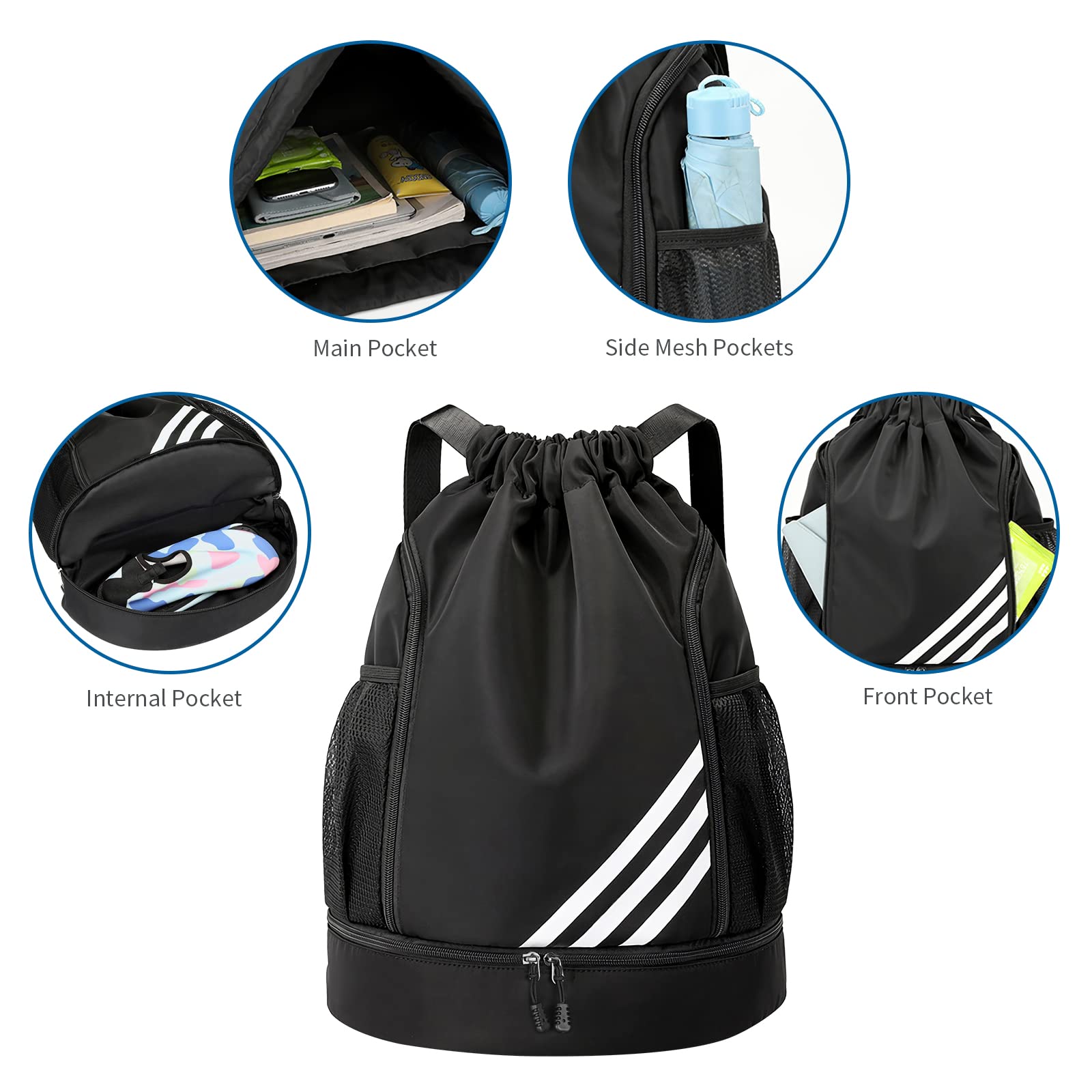 Hawkko Drawstring Backpack Water Resistant String Bag Gym Sports with Shoe Compartment Side Mesh Pockets for Women Men (Black)