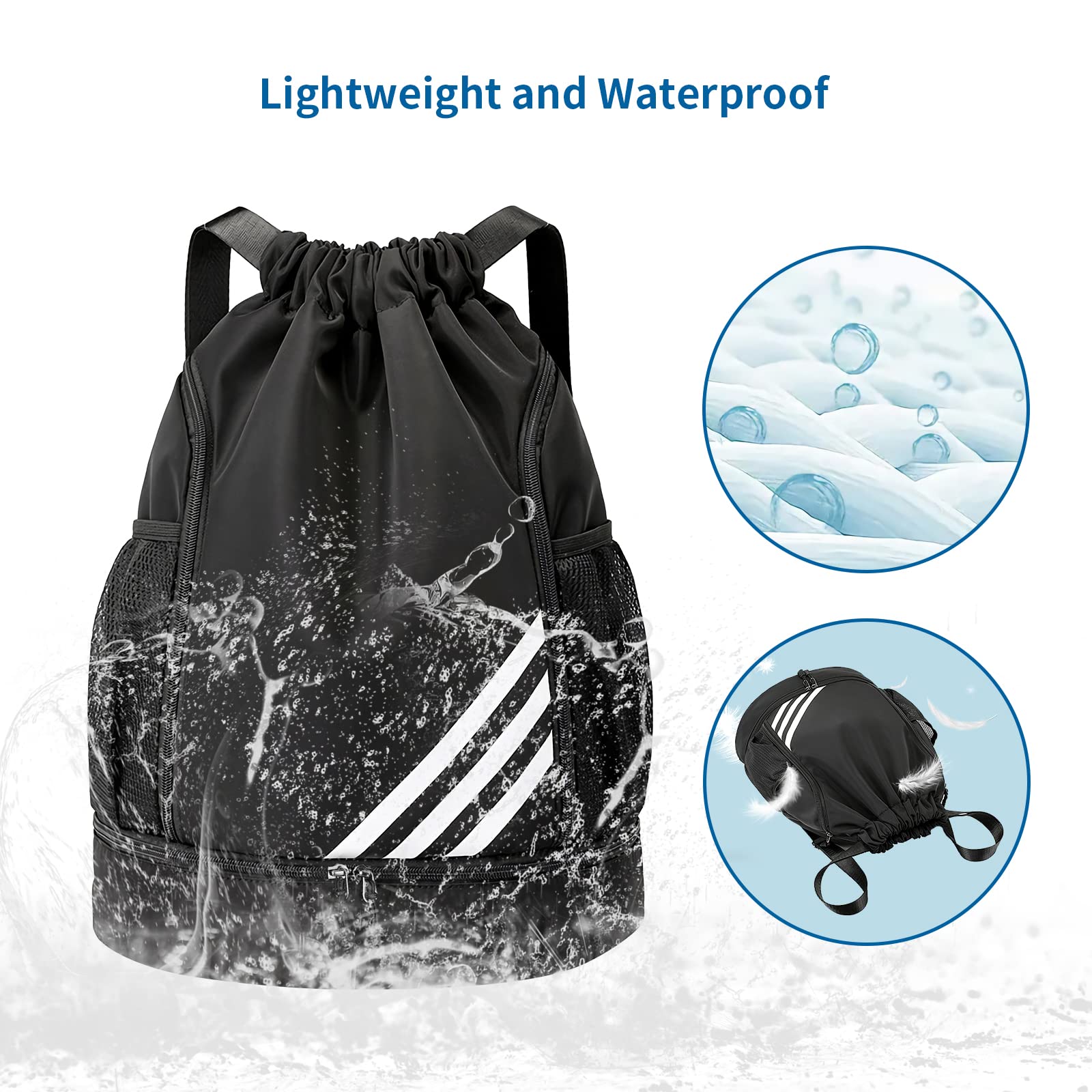 Hawkko Drawstring Backpack Water Resistant String Bag Gym Sports with Shoe Compartment Side Mesh Pockets for Women Men (Black)