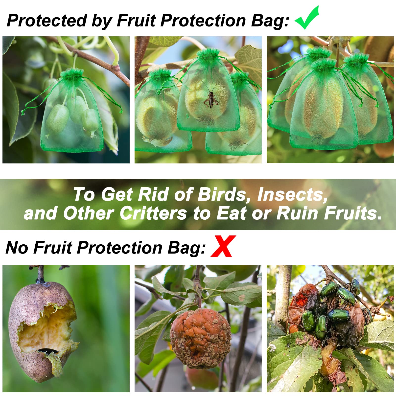 Hawkko 140 PCS Fruit Protection Bags, Fruit Netting Bags, 4 Size, Fruit Cover Mesh Bag with Drawstring, Garden Netting Bag, Mosquito Bug Insect Bird Net Barrier Bag for Fruits Vegetables Plant Flower (Green)