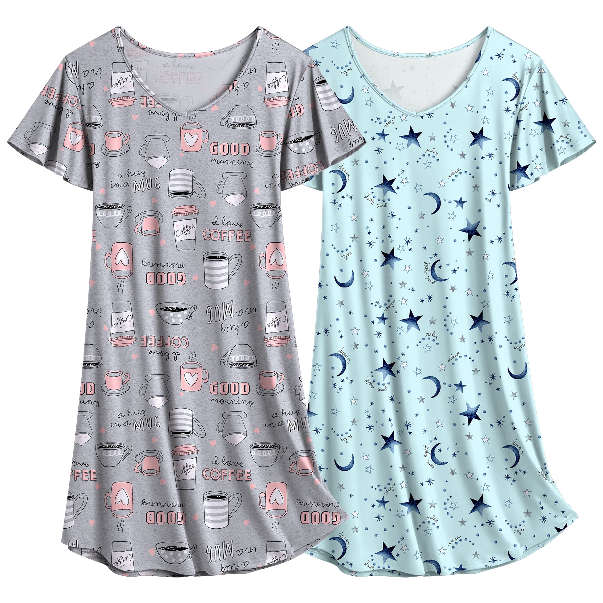 Hawkko 2 Pack Nightgowns for Women Flare Short Sleeve Sleepshirt V Neck Sleepwear Plain/Floral Print Pajama Dress