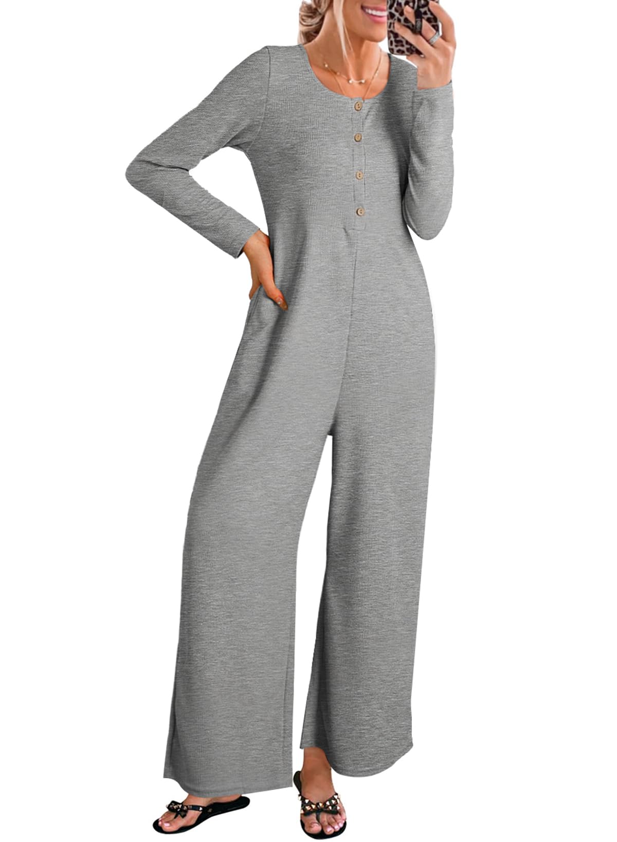 Hawkko Women's Jumpsuits Long Sleeve Front Button Waffle Knit Jumpers Casual Wide Leg Long Pants Romper with Pockets