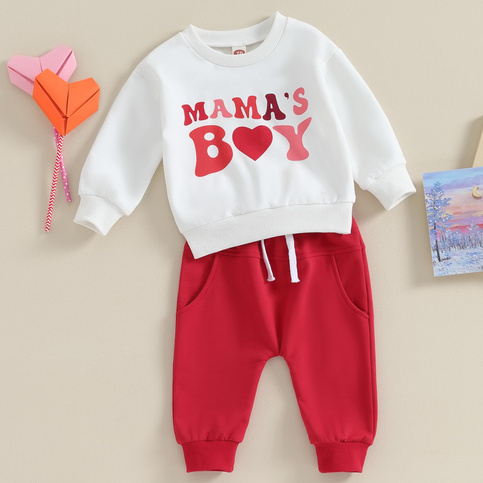 Hawkko Infant Baby Boy Clothes Set Mama's Boy Heart Shirts Crewneck Sweatshirt Red Jogger Pants Valentine's Day Outfit