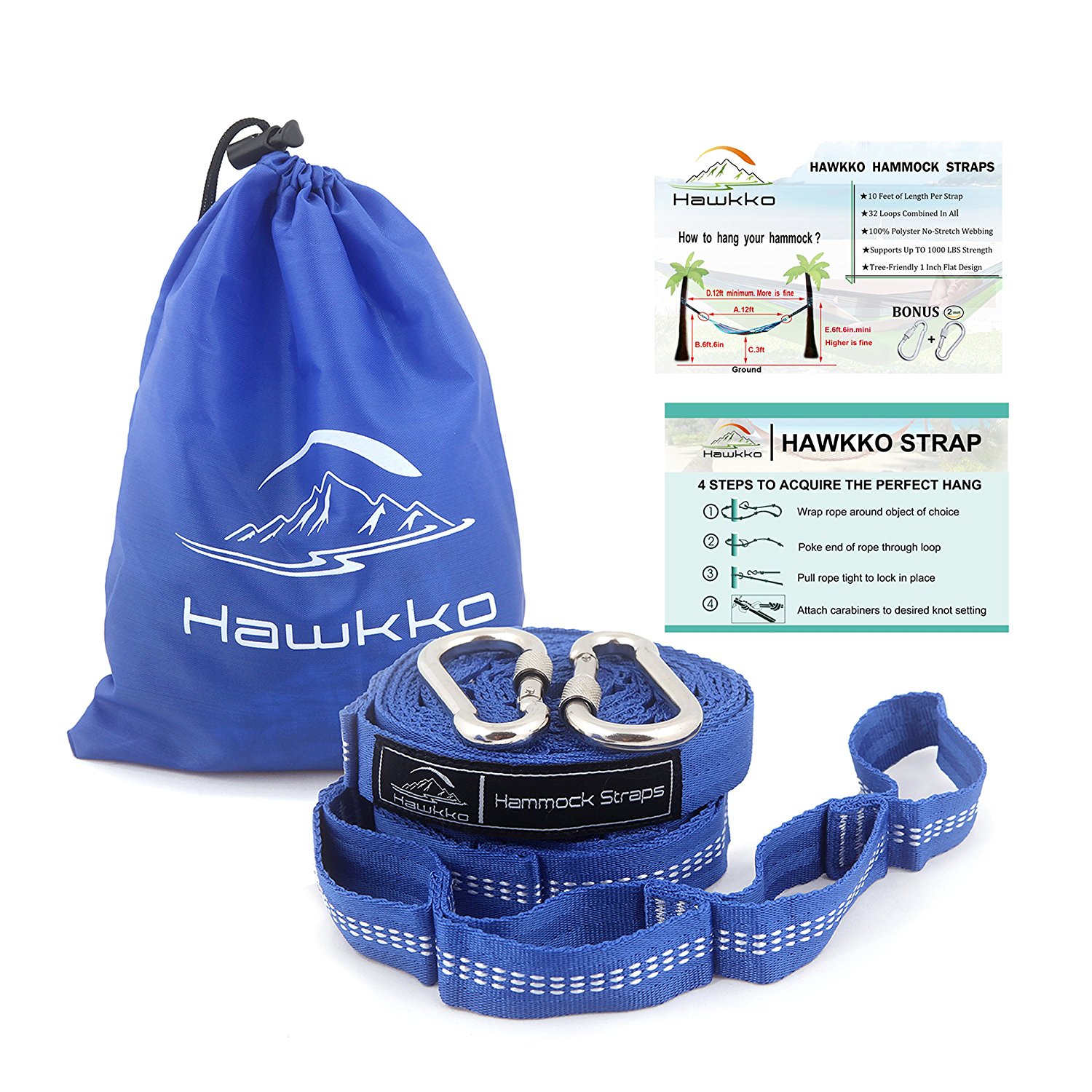 Hawkko XL Hammock Straps(Pack of 2) - Includes 2 Straps, 2 Carabiners, 1000+ LBS Strength, 32 Loops & 20 Feet Extra Long Polyester Hammock Accessories Lightweight