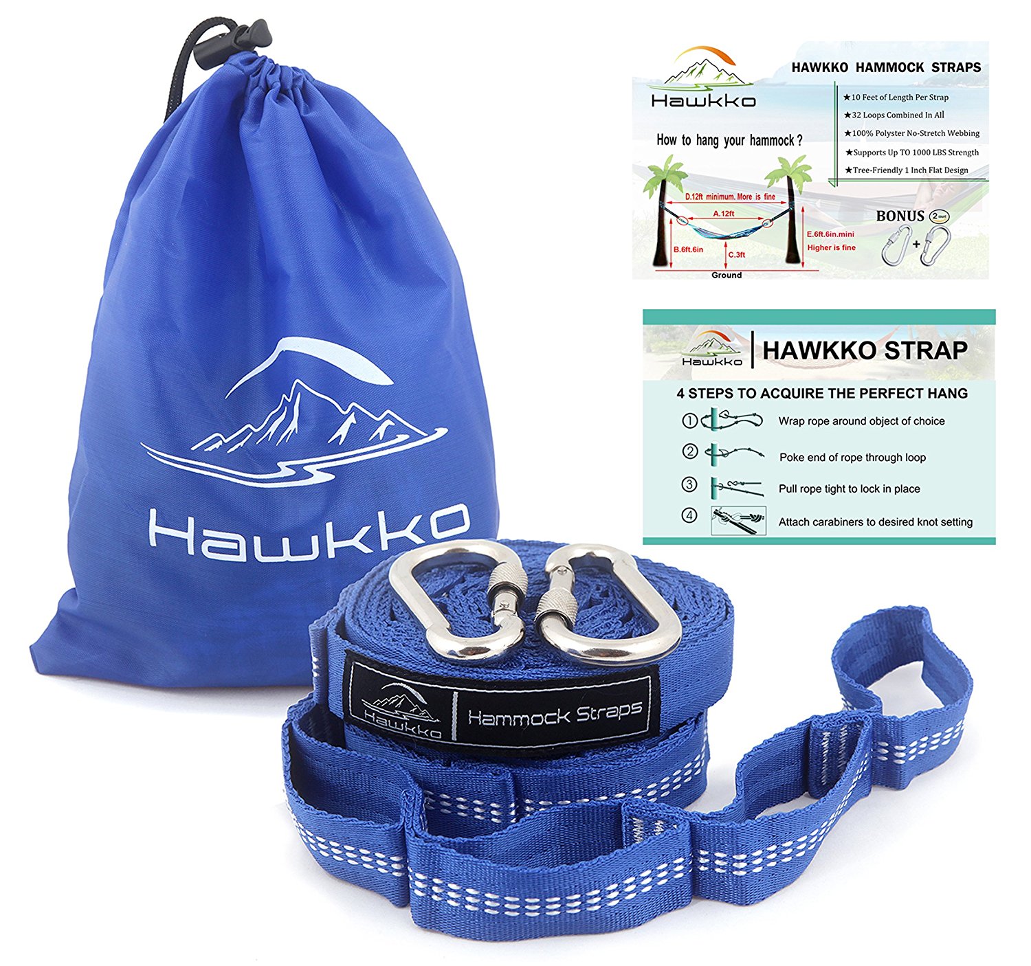 BIG SALE TODAY!! Hawkko XL Hammock Straps - Includes 2 Straps, 2 Carabiners, 1000+ LBS Strength, 32 Loops & 20 Feet Extra Long Polyester Hammock Accessories