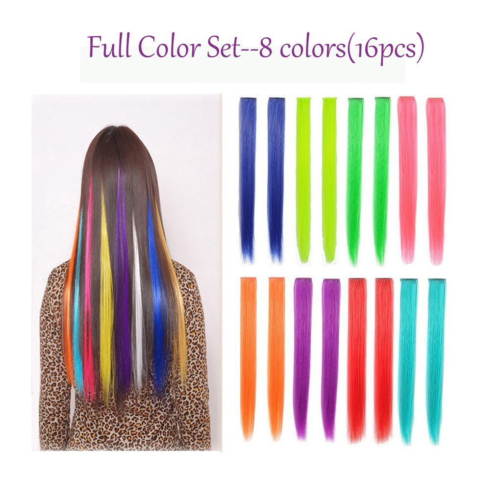 16PCS Colored Hairpieces 22Inch (55CM) Straight Clip in Hair Extensions Fashion Hairpieces Party Highlight Multiple Colors (16pcs Full Color Set)