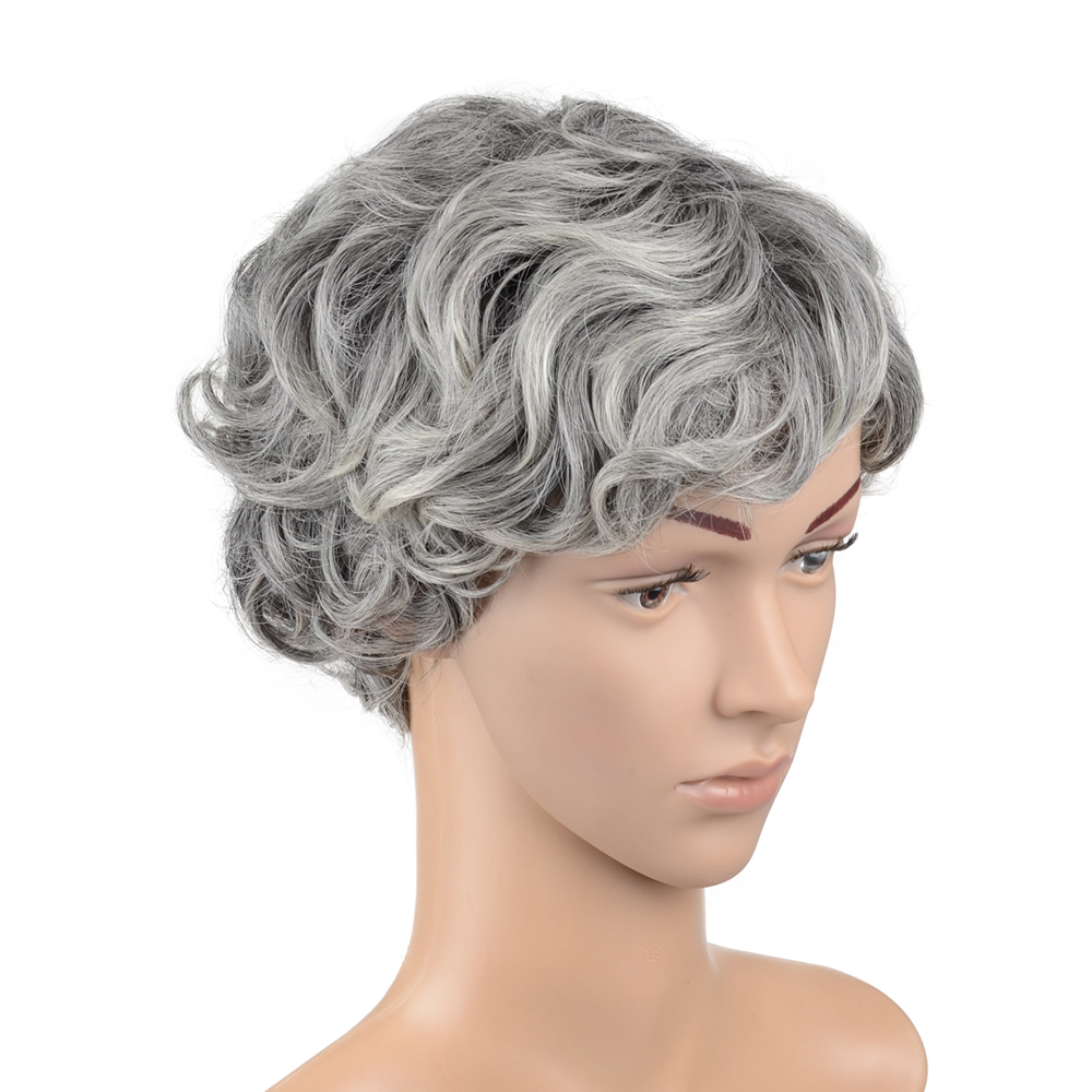 Hawkko Curly Short Cosplay Wig Kanekalon Fiber Party Wig With Gift Wig Cap & Steel Comb (Granny Gray)