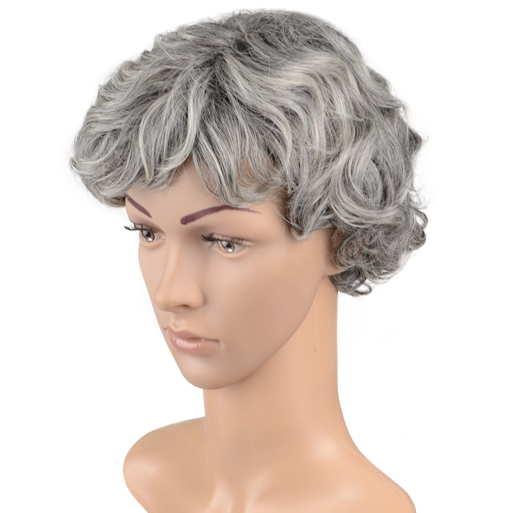 Hawkko Curly Short Cosplay Wig Kanekalon Fiber Party Wig With Gift Wig Cap & Steel Comb (Granny Gray)