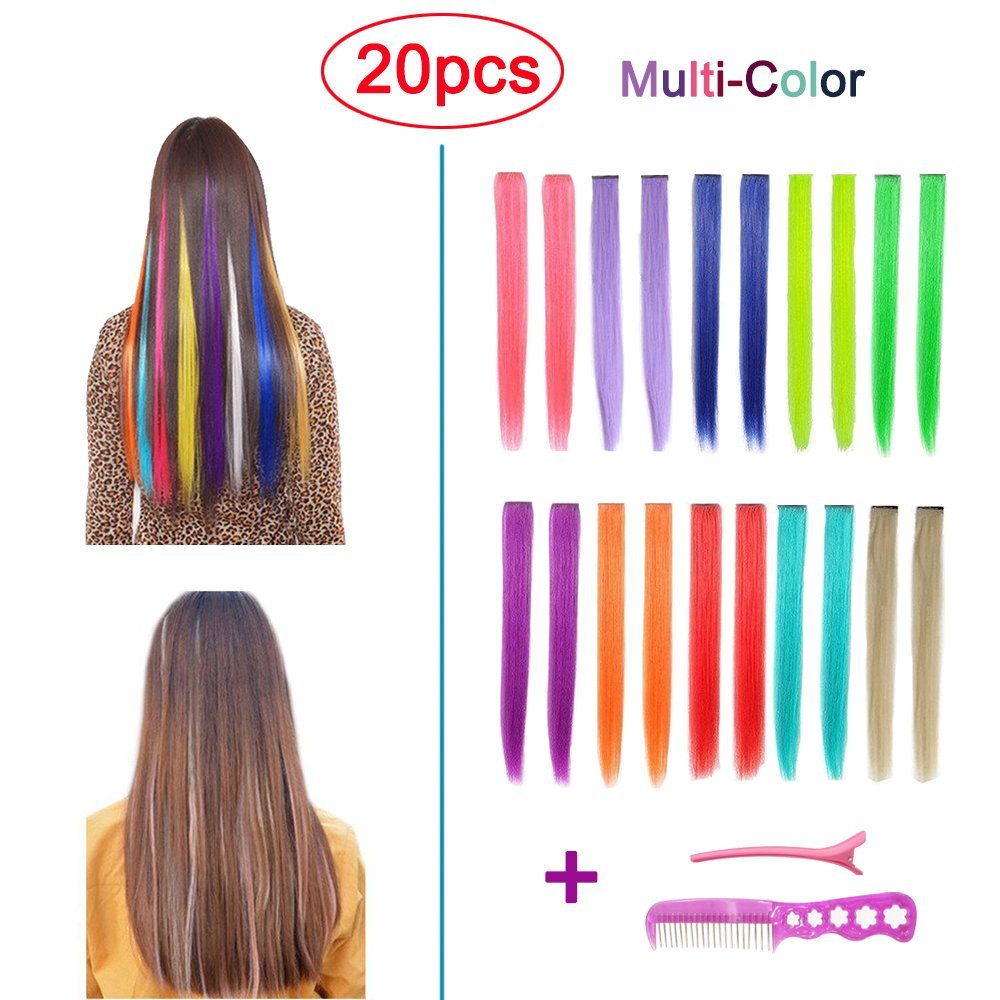 Hawkko 20PCS Straight Colored Clip in Hair Extensions Party Highlight Multiple Colors Hairpieces, With Gift Alligator Hair Clip & Steel Comb (20pcs-Monocolor Full Color Set)