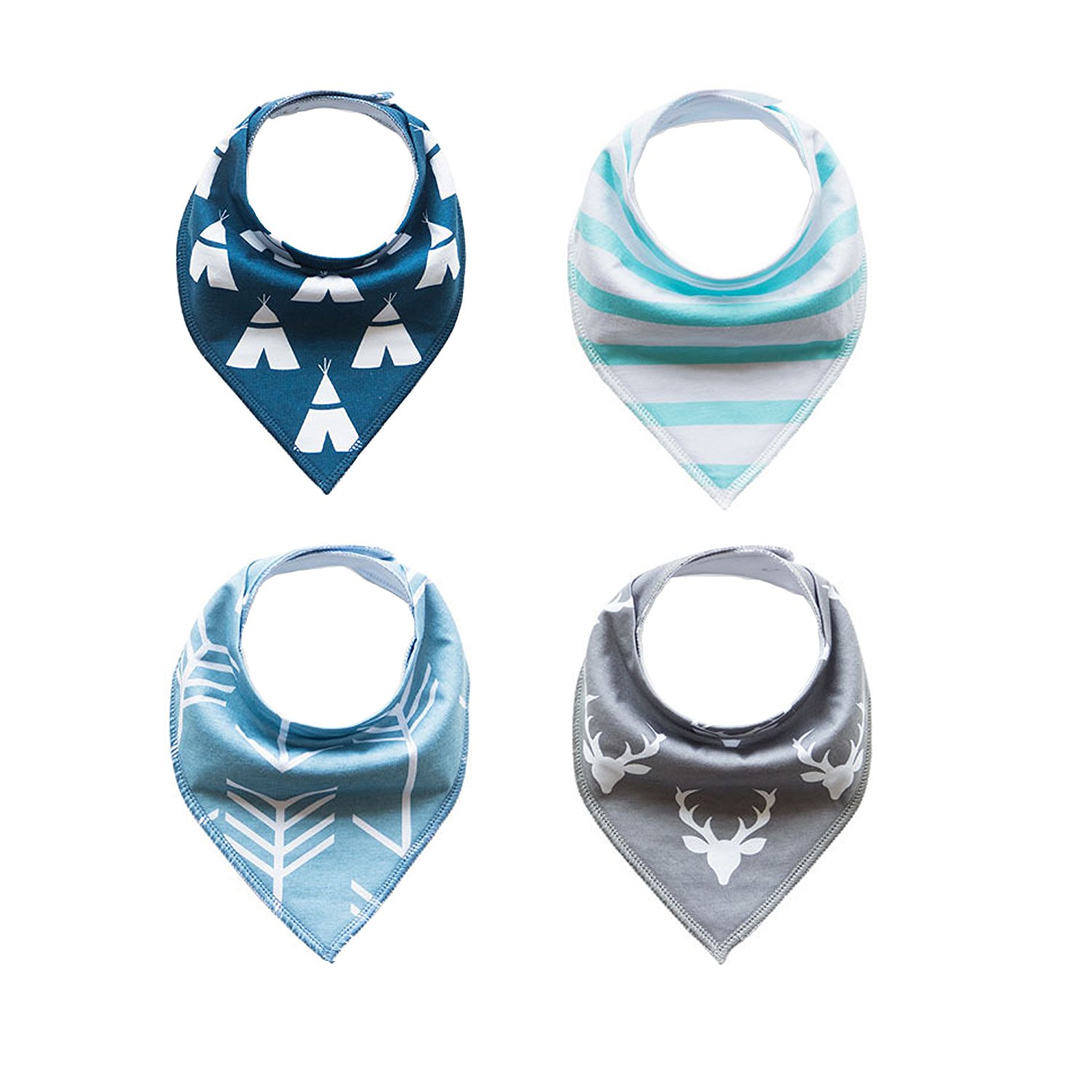 4PCS Baby Bandana Drool Bibs with Snaps, Unisex 4-Pack Set, for Drooling and Teething Babies, Soft, Absorbent & Hypoallergenic, by Hawkko (Tower/Arrow/Deer/Strip - 4PCS)